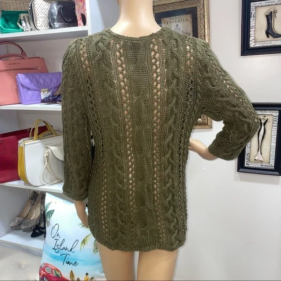 Lauren Ralph Lauren Olive Green Mercerized Cotton Crochet Eyelet V Neck Sweater - Picture 5 of 13